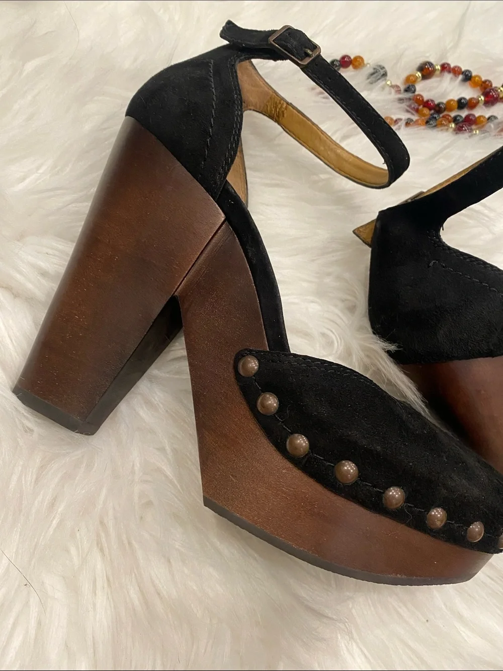 Black Suede Studded Platform Ankle-Strap Heels
